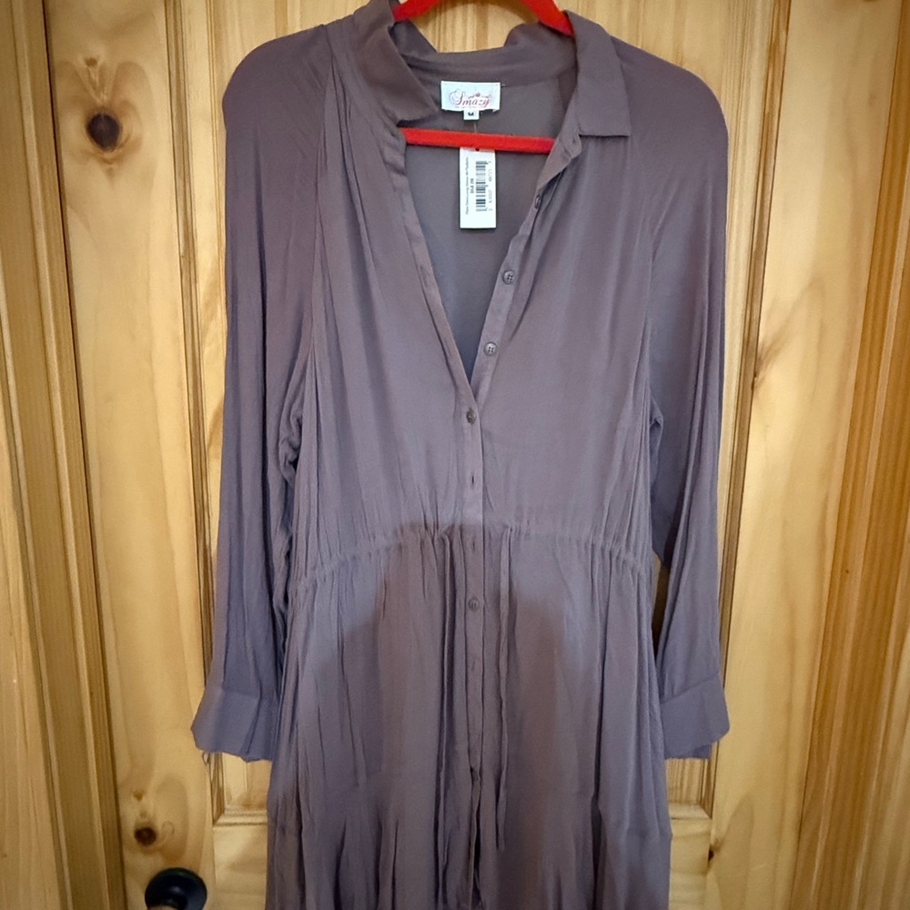 Flowy Mocha Button-Up Dress with drawstring waist Size M. NWT